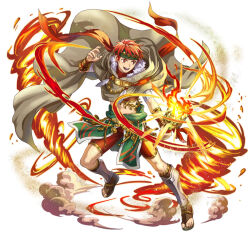 Rule 34 | 1boy, attack, cape, capelet, fire, fire emblem, fire emblem: radiant dawn, full body, fur-trimmed capelet, fur trim, headband, indesign, male focus, midriff, navel, nintendo, official alternate costume, official art, open mouth, red eyes, red hair, red scarf, scarf, smile, solo, teeth, torch, tormod (fire emblem), tormod (indomitable will) (fire emblem)