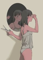 Rule 34 | 1girl, black eyes, camisole, different reflection, from behind, from side, grey hair, holding, holding scissors, mirror, no pants, original, panties, profile, reflection, scissors, shokugyo, sleeveless, solo, underwear