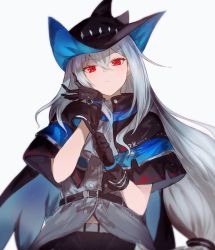 Rule 34 | 1girl, adjusting clothes, adjusting gloves, arknights, artist name, black gloves, commentary, english commentary, female focus, gloves, grey hair, hat, highres, long hair, looking at viewer, low tied hair, mochii, red eyes, simple background, skadi (arknights), solo, upper body, white background