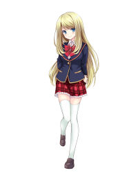 Rule 34 | 1girl, absurdres, aqua eyes, arms behind back, blazer, blonde hair, chloe lemaire, full body, girlfriend (kari), highres, jacket, loafers, long hair, long sleeves, looking at viewer, official art, plaid, plaid skirt, pleated skirt, shoes, simple background, skirt, smile, solo, thighhighs, transparent background, white background