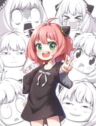 Rule 34 | &gt; &lt;, 1girl, anya&#039;s heh face (meme), anya (spy x family), artist request, black dress, blush, dress, green eyes, grin, highres, looking at viewer, medium hair, meme, open mouth, pink hair, smile, solo, spy x family, surprised, tears
