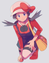 Rule 34 | 1girl, blue eyes, blue overalls, bow, cabbie hat, collarbone, commentary request, creatures (company), earrings, eyelashes, full body, game freak, grey background, grey hair, hat, hat bow, highres, holding, holding poke ball, jewelry, kris (pokemon), long hair, nintendo, overalls, poke ball, poke ball (basic), pokegear, pokemon, pokemon adventures, red bow, red footwear, red shirt, shirt, shoes, simple background, solo, thighhighs, twintails, white hat, white thighhighs, yellow bag, yui ko
