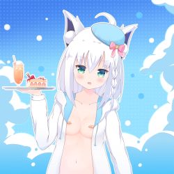 Rule 34 | 1girl, absurdres, ahoge, animal ear fluff, animal ears, areola slip, bad id, bad pixiv id, bandaid, bandaids on nipples, beret, blue hat, blush, bow, braid, breasts, cake, cake slice, cloud, coat, collarbone, cup, drawstring, drinking glass, drinking straw, food, fox ears, green eyes, hair between eyes, hat, hat bow, head tilt, highres, holding, holding tray, hololive, hood, hood down, hooded jacket, ice cream, ice cream float, jacket, liang feng qui ye, long hair, looking at viewer, naked coat, navel, no bra, open clothes, open jacket, open mouth, pasties, pink bow, saliva, shirakami fubuki, side braid, single braid, small breasts, solo, standing, tears, tilted headwear, tray, upper body, virtual youtuber, white hair, white jacket