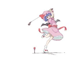 Rule 34 | &gt; &lt;, 1girl, :d, ball, bat wings, bifidus (exkagerou8665), blue hair, club (weapon), full body, golf, golf ball, golf club, highres, holding, holding club, holding weapon, open mouth, pink shirt, pink skirt, playing sports, remilia scarlet, shirt, short hair, short sleeves, simple background, skirt, smile, solo, standing, standing on one leg, touhou, weapon, white background, white footwear, wings