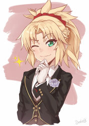 Rule 34 | 1girl, black jacket, black necktie, blonde hair, blush, braid, breasts, butler, commentary, darahan, fang, fate/grand order, fate (series), female butler, flower, formal, gloves, green eyes, hair ornament, hair scrunchie, jacket, long hair, looking at viewer, mordred (fate), mordred (fate/apocrypha), mordred (formal dress) (fate), necktie, one eye closed, ponytail, red scrunchie, scrunchie, shirt, skin fang, smile, solo, suit, upper body, white flower, white gloves, white shirt