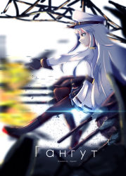 Rule 34 | 1girl, absurdres, artist name, blurry, boots, character name, depth of field, explosion, fire, from side, gangut (kancolle), gar32, gloves, grimace, hat, highres, kantai collection, long hair, pantyhose, pointy ears, red eyes, rigging, silver hair, turret, white background