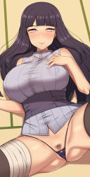 Rule 34 | 1girl, bandage, bandaged leg, bandages, bangs, bare arms, bare shoulders, black hair, blunt bangs, blush, breasts, cleft of venus, commentary request, covered collarbone, female pubic hair, grey eyes, hand up, hands on own breasts, highres, huge breasts, hyuuga hinata, long hair, looking at viewer, lying, micro panties, naruto, naruto (series), nt00, on back, panties, partially visible vulva, pubic hair, purple panties, skindentation, smile, spread legs, thighhighs, underwear