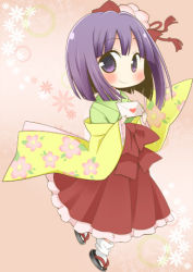 Rule 34 | 1girl, asaba hiromu, chibi, hair ornament, hieda no akyuu, holding, japanese clothes, kimono, letter, looking at viewer, love letter, lowres, purple eyes, purple hair, short hair, smile, solo, touhou