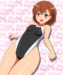 Rule 34 | 1girl, bad id, bad pixiv id, breasts, brown eyes, brown hair, competition swimsuit, covered navel, feet out of frame, gradient background, heart, heart background, marupuni, matching hair/eyes, misaka mikoto, one-piece swimsuit, school swimsuit, short hair, small breasts, solo, swimsuit, thick thighs, thighs, toaru kagaku no railgun, toaru majutsu no index, tokiwadai school swimsuit, wide hips