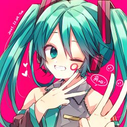 Rule 34 | 1girl, 39, blue eyes, blue hair, collared shirt, dated, detached sleeves, grin, hatsune miku, headphones, headset, highres, kaho 0102, long hair, long sleeves, looking at viewer, middle w, nail polish, necktie, one eye closed, pink background, shirt, sleeveless, sleeveless shirt, smile, solo, twintails, v, vocaloid, w
