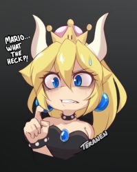Rule 34 | 1girl, artist name, bare shoulders, black dress, blonde hair, blue eyes, bowsette, chibi, choker, collarbone, dress, earrings, horns, jewelry, long hair, looking at viewer, mario (series), new super mario bros. u deluxe, nintendo, off-shoulder dress, off shoulder, parted lips, pointy ears, ponytail, shaded face, solo, super crown, sweatdrop, teeth, teranen, upper body, wrist cuffs