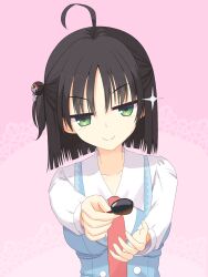 Rule 34 | &gt;:), 1girl, ahoge, black hair, breasts, closed mouth, commentary request, feeding, green eyes, hair bun, hair ornament, hair stick, highres, hitachi mako, holding, holding spoon, large breasts, long sleeves, looking at viewer, one side up, outstretched arms, parted bangs, pink background, senren banka, shirayamakoma, shirt, short hair, simple background, single side bun, smile, smug, solo, sparkle, spoon, upper body, v-shaped eyebrows, white shirt
