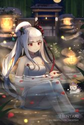 Rule 34 | 1girl, artist name, bare arms, bare legs, bare shoulders, barefoot, blunt bangs, breasts, burning, commentary, dragalia lost, english commentary, fire, flower, full body, hair bun, hair flower, hair ornament, hentaki, highres, knees up, lantern, long hair, medium breasts, naked towel, night, night sky, outdoors, partially submerged, petals, petals on liquid, ponytail, red eyes, red flower, sazanka (dragalia lost), sidelocks, silver hair, single hair bun, sitting, sky, solo, star (sky), starry sky, towel, very long hair, water, watermark, web address