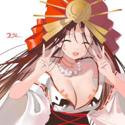 Rule 34 | 1girl, bare shoulders, bead necklace, beads, breasts, brown hair, cleavage, closed eyes, double v, facial mark, fate/grand order, fate (series), forehead, headpiece, highres, himiko (fate), himiko (third ascension) (fate), japanese clothes, jewelry, kimono, large breasts, long hair, long sleeves, magatama, magatama necklace, necklace, no bra, off shoulder, open mouth, parted bangs, sideboob, smile, tsukise miwa, v, white kimono, wide sleeves, yellow eyes