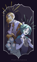 Rule 34 | 2others, copyright name, crack, damaged, dripping, dual persona, green eyes, green hair, grey eyes, highres, houseki no kuni, melting, multiple others, necktie, object on head, omadoe, open mouth, other focus, phosphophyllite, pointy ears, puffy short sleeves, puffy sleeves, seed, short hair, short sleeves, spoilers, torn clothes
