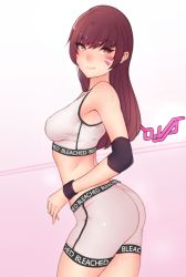 Rule 34 | 1girl, absurdres, armpits, ass, bike shorts, bluefield, blush, breasts, brown eyes, brown hair, character name, contrapposto, cowboy shot, d.va (overwatch), elbow pads, facial mark, from behind, gradient background, highres, long hair, looking back, medium breasts, midriff, overwatch, overwatch 1, shorts, simple background, smile, solo, sports bra, sweat, third-party edit, wristband