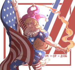 Rule 34 | 1girl, 2016, american flag, american flag dress, american flag legwear, blonde hair, clownpiece, commentary, dated, dress, fire, hat, jester cap, long hair, looking at viewer, md5 mismatch, mefomefo, neck ruff, outstretched arms, pantyhose, pink eyes, polka dot, short dress, short sleeves, smile, solo, star (symbol), striped clothes, striped pantyhose, teeth, torch, touhou, very long hair