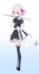Rule 34 | 1girl, absurdres, alternate costume, apron, back, black dress, black thighhighs, blush, breasts, choker, dress, duster, enmaided, fate/grand order, fate/grand order arcade, fate (series), feather duster, finanshe, frilled choker, frills, full body, hair ribbon, highres, kama (fate), kama (mistake) (fate), looking at viewer, looking back, maid, maid headdress, puffy short sleeves, puffy sleeves, red eyes, ribbon, short hair, short sleeves, small breasts, solo, thighhighs, waist apron, white apron, white hair, wrist cuffs