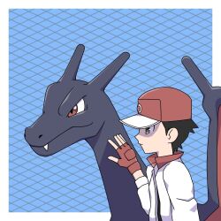 Rule 34 | 1boy, black hair, black shirt, border, brown gloves, brown headwear, chain-link fence, charizard, closed mouth, commentary request, creatures (company), fence, fingerless gloves, from side, game freak, gen 1 pokemon, gloves, hand up, hat, highres, jacket, male focus, nintendo, pokemon, pokemon (creature), pokemon rgby, red (pokemon), shiogi (riza 49), shirt, short hair, upper body, white border, white jacket
