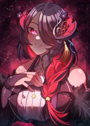 Rule 34 | 1girl, absurdres, black hair, braid, breasts, colored inner hair, craymer, demon horns, highres, hololive, hololive english, horns, large breasts, long hair, looking at viewer, mamarissa ravencroft, mature female, mole, mole under eye, multicolored hair, red eyes, red hair, smile, solo, two-tone hair, upper body, virtual youtuber