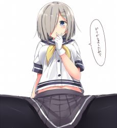 Rule 34 | 10s, 1girl, 501092-taka, black pantyhose, black skirt, black socks, blue eyes, breasts, finger to mouth, from below, gloves, grey skirt, hair ornament, hair over one eye, hairclip, hamakaze (kancolle), kantai collection, kneehighs, large breasts, looking at viewer, midriff, neckerchief, pantyhose, pleated skirt, sailor collar, school uniform, serafuku, short hair, silver hair, simple background, skirt, socks, solo, translation request, white background, white gloves, yellow neckerchief