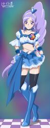 Rule 34 | 1girl, absurdres, aono miki, belly, black thighhighs, blue choker, blue footwear, blue skirt, boots, breasts, checkered floor, choker, clover ornament, cure berry, dated, earrings, fresh precure!, full body, hair ornament, hairband, heart, heart earrings, heart hair ornament, highres, jewelry, knee boots, long hair, magical girl, midriff, multicolored background, navel, nightstark, ponytail, pouch, precure, puffy short sleeves, puffy sleeves, purple eyes, purple hair, revision, ribbon, short sleeves, skirt, small breasts, smile, solo, thigh boots, thighhighs, tiara, twitter username, very long hair
