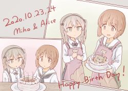 Rule 34 | 2girls, animal print, apron, bear print, birthday, birthday cake, black neckwear, black skirt, blouse, blowing, boko (girls und panzer), bow, bowtie, brown eyes, brown hair, cake, candle, casual, character name, closed mouth, collared shirt, commentary, dated, english text, food, girls und panzer, green skirt, happy birthday, high-waist skirt, highres, holding, holding plate, light brown hair, long hair, long sleeves, looking at another, miniskirt, multiple girls, namakurage, neckerchief, nishizumi miho, one side up, ooarai school uniform, open mouth, parted lips, pink apron, plate, pleated skirt, sailor collar, school uniform, serafuku, shimada arisu, shirt, short hair, skirt, smile, standing, suspender skirt, suspenders, white sailor collar, white shirt