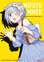 Rule 34 | 1girl, ;d, aqua eyes, azusa mifuyu, bag, blue dress, blush, character name, copyright notice, dress, english text, frilled dress, frills, fuji fujino, grey hair, hair horns, hairband, holding, holding bag, jewelry, lemon print, magia record: mahou shoujo madoka magica gaiden, mahou shoujo madoka magica, off-shoulder dress, off shoulder, official alternate costume, official art, one eye closed, open mouth, polka dot, polka dot background, print hairband, ring, short dress, short hair, shoulder bag, simple background, sleeves past elbows, smile, solo, spaghetti strap, swept bangs, translucent, waving, white hairband, wide sleeves, yellow background