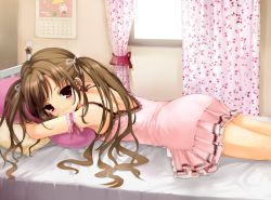 Rule 34 | 1girl, arm garter, bad id, bad pixiv id, bed, brown hair, chemise, child, flat chest, long hair, lying, momoko (momopoco), on stomach, original, pillow, pink eyes, solo, twintails