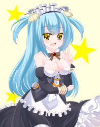 Rule 34 | 1girl, :d, apron, azur lane, bare shoulders, beige background, black dress, black sleeves, blue hair, blush, breasts, cleavage, commentary request, detached sleeves, dress, frilled apron, frills, hair between eyes, hair ornament, hand up, index finger raised, juliet sleeves, kanijiru, long hair, long sleeves, looking at viewer, maid, maid headdress, medium breasts, neptune (azur lane), open mouth, puffy sleeves, signature, smile, solo, star (symbol), strapless, strapless dress, two side up, very long hair, waist apron, white apron, yellow eyes