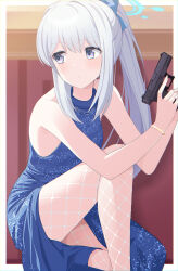 Rule 34 | 1girl, absurdres, alternate costume, bare arms, bare shoulders, blue archive, blue dress, blue halo, bracelet, chromatic aberration, commentary, dress, eko, feet out of frame, fishnet pantyhose, fishnets, gun, halo, highres, holding, holding gun, holding weapon, jewelry, knee up, looking to the side, miyako (blue archive), outside border, pantyhose, parted lips, ponytail, purple eyes, sleeveless, sleeveless dress, solo, weapon, white hair