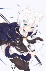 Rule 34 | 1girl, absurdres, animal ear fluff, animal ears, bell, black collar, black jacket, black pantyhose, blue cape, blue eyes, blue skirt, boots, breasts, cape, collar, collared shirt, commentary request, dress shirt, fang, fox ears, fox girl, fox tail, grey background, hair ornament, highres, holding, holding sheath, holding sword, holding weapon, jacket, jingle bell, katana, konagi (konotuki), long sleeves, looking at viewer, medium breasts, open clothes, open jacket, original, pantyhose, parted lips, pleated skirt, sheath, shirt, short hair, skirt, solo, sword, tail, unsheathing, weapon, white footwear, white hair, white shirt