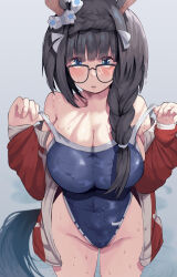 Rule 34 | 1girl, absurdres, alternate costume, animal ears, bare shoulders, black-framed eyewear, blue eyes, blush, bonkareohagi, braid, braided ponytail, breasts, commentary request, covered navel, cowboy shot, crown braid, ear ornament, gradient background, hair ornament, highleg, highleg one-piece swimsuit, highleg swimsuit, highres, horse ears, horse girl, horse tail, jacket, large breasts, long hair, long sleeves, looking at viewer, ponytail, red jacket, solo, swimsuit, tail, track jacket, umamusume, wet, wet clothes, wet swimsuit, zenno rob roy (umamusume)