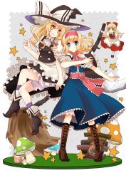 Rule 34 | 2girls, alice margatroid, bad id, bad pixiv id, blonde hair, bloomers, blue eyes, book, boots, bow, braid, broom, cross-laced footwear, doll, doll joints, female focus, green eyes, grin, hair bow, hairband, hat, high heels, hourai doll, izumi minami, joints, kirisame marisa, knee boots, lace-up boots, crossed legs, looking at viewer, multiple girls, mushroom, pointing, shoes, short hair, single braid, sitting, smile, star (symbol), touhou, underwear, witch hat, yellow eyes