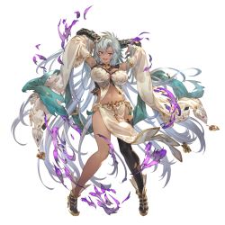 Rule 34 | 1girl, arms up, black horns, black thighhighs, breasts, cleavage, dark-skinned female, dark skin, detached sleeves, dragon horns, fangs, fediel (granblue fantasy), full body, granblue fantasy, hair between eyes, high heels, horns, large breasts, long hair, looking at viewer, minaba hideo, navel, official art, open mouth, pelvic curtain, purple eyes, single thighhigh, smile, solo, thighhighs, transparent background, very long hair