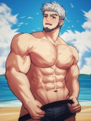 Rule 34 | 1boy, abs, alternate pectoral size, bara, beach, beard, bird, black male swimwear, blush, brown eyes, bulge, camp buddy, cloud, cloudy sky, cowboy shot, facial hair, flustered, frown, goro nomoru, grey hair, highres, large pectorals, looking at viewer, male focus, male swimwear, male swimwear pull, mature male, multicolored hair, muscular, muscular male, navel, no nipples, pectorals, pulling own clothes, short hair, sideburns, sky, solo, stomach, swim briefs, thick eyebrows, topless male, two-tone hair, undressing, user gggs3572, water