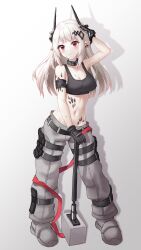 Rule 34 | 1girl, absurdres, arknights, bestramos, black gloves, blush, breasts, cleavage, commentary, crop top, drop shadow, full body, gloves, gradient background, grey background, grey pants, hammer, highres, horns, large breasts, long hair, looking at viewer, material growth, midriff, mudrock (arknights), mudrock (elite ii) (arknights), navel, oripathy lesion (arknights), pants, pointy ears, red eyes, smile, solo, standing, stomach, sweat, very long hair, weapon, white background, white hair