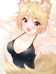 Rule 34 | 1girl, :d, animal ear fluff, animal ears, armpits, arms behind head, arms up, bare arms, bare shoulders, black dress, blonde hair, blush, breasts, cleavage, commentary request, dress, fang, fox ears, fox girl, fox tail, hair between eyes, highres, large breasts, looking at viewer, ooji cha, open mouth, original, red eyes, sleeveless, sleeveless dress, smile, solo, tail, upper body