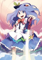 Rule 34 | 1girl, blouse, blue eyes, blue hair, blue skirt, bow, d@i, food, fruit, hat, hinanawi tenshi, leaf, long hair, peach, puffy short sleeves, puffy sleeves, rainbow order, red bow, shirt, short sleeves, skirt, solo, source request, sword of hisou, touhou, white shirt