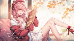 Rule 34 | 1girl, :d, ankle ribbon, baguette, bare shoulders, beret, blush, braid, bread, breasts, cardigan, character name, choker, cleavage, commentary, commission, dress, english commentary, food, hair ribbon, hat, high heels, highres, indie virtual youtuber, leg ribbon, leg up, long hair, long sleeves, looking at viewer, nini yuuna, nini yuuna (1st costume), open mouth, pink eyes, pink hair, red cardigan, ribbon, shoes, sitting, sleeves past wrists, small breasts, smile, solo, virtual youtuber, watermark, white dress, yuli (yulipo)