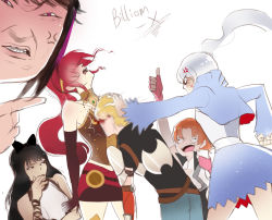 Rule 34 | 2boys, 4girls, anger vein, angry, arm up, bare shoulders, between breasts, black gloves, black hair, blake belladonna, blonde hair, blood, blush, bow, breasts, elbow gloves, finger to mouth, fingerless gloves, gloves, hair bow, jaune arc, legs, lie ren, long hair, long sleeves, md5 mismatch, meme, multicolored hair, multiple boys, multiple girls, nora valkyrie, nosebleed, nyantcha, open mouth, orange hair, pink gloves, pointing, ponytail, pyrrha nikos, red hair, resized, rwby, saliva, short hair, side ponytail, skirt, sleeveless, smile, standing, taking picture, thumbs up, two-tone hair, upscaled, violence, weiss schnee, white hair