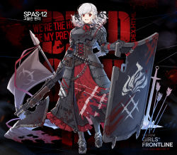 Rule 34 | 12-gauge, 12-gauge (2 3/4 inch shell), 1girl, ammunition, armor, armored dress, arrow (projectile), axe, ballistic shield, belt, black background, black ribbon, blood, blood drip, blood on clothes, blood on face, bloody weapon, braid, breastplate, breasts, character name, combat shotgun, corset, crazy eyes, dual-mode shotgun, flag, franchi, full body, girls&#039; frontline, gloves, gradient hair, greaves, grey hair, gun, high brass, highres, holding, holding gun, holding weapon, large breasts, long hair, looking at viewer, multicolored hair, name connection, official alternate costume, official art, overpressure ammunition, plate armor, polearm, pouch, pump-action shotgun, pump action, red eyes, red hair, ribbon, semi-automatic firearm, semi-automatic shotgun, shield, shotgun, shotgun shell, sidelocks, smile, solo, spas-12, spas-12 (girls&#039; frontline), spas-12 (goblin huntress) (girls&#039; frontline), spear, sword, terras, torn clothes, twintails, weapon