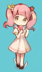 Rule 34 | 1girl, bow, chibi, dress, eating, food, food-themed hair ornament, fruit, green bow, hair bow, hair ornament, ice cream, ice cream cone, looking at viewer, original, pink hair, puffy sleeves, sencha (senta 10), short hair, short sleeves, short twintails, solo, strawberry, strawberry hair ornament, twintails, white dress, yellow eyes