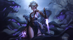 Rule 34 | 1girl, artist name, bare shoulders, breasts, brown eyes, commentary, dao trong le, dark spirit, dated, elbow gloves, english commentary, expressionless, fingerless gloves, gloves, glowing, glowing sword, glowing weapon, highres, holding, holding weapon, katana, medium breasts, moonlight, night, original, procreate (medium), sleeveless, solo, spirit, sword, weapon, white hair