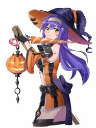 Rule 34 | 1girl, artist name, belt, black gloves, blue hair, broom, closed mouth, detached sleeves, fire emblem, fire emblem: path of radiance, fire emblem heroes, from side, garter straps, gloves, green eyes, halloween costume, hat, headband, hraaat, jack-o&#039;-lantern, long hair, looking to the side, mia (fire emblem), nintendo, simple background, smile, solo, white background, white headband, witch hat