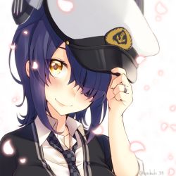 Rule 34 | 1girl, anchor symbol, bad id, bad pixiv id, black cardigan, blush, breasts, cardigan, checkered clothes, checkered necktie, checkered neckwear, cherry blossoms, collarbone, collared shirt, commentary request, eyepatch, glint, hair between eyes, hand up, hat, headgear, holding, holding clothes, holding hat, jewelry, kantai collection, kotobuki (momoko factory), large breasts, looking at viewer, necktie, peaked cap, petals, portrait, purple hair, ring, school uniform, shirt, short hair, sidelocks, simple background, sleeves rolled up, smile, solo, tenryuu (kancolle), twitter username, wedding ring, white background, white hat, white shirt, yellow eyes