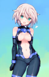 Rule 34 | 1girl, 30 minutes sisters, :o, absurdres, aqua eyes, bare shoulders, black gloves, blue background, breasts, cleavage cutout, clothing cutout, commentary request, contrapposto, elbow gloves, gloves, gradient background, green background, grey hair, highres, looking at viewer, medium breasts, open mouth, rishetta (30ms), shimada fumikane, short hair, skin tight, solo, stomach cutout