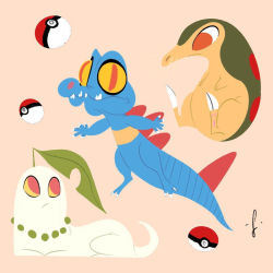 Rule 34 | abstract, chikorita, claws, creatures (company), cyndaquil, game freak, gen 2 pokemon, highres, leaf, looking at another, lorenzocolangeli, nintendo, poke ball, pokemon, pokemon (creature), signature, simple background, sitting, totodile
