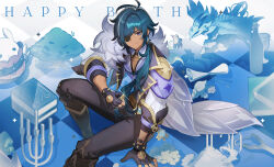 Rule 34 | 1boy, absurdres, black footwear, black gloves, black pants, blue eyes, blue hair, book, boots, bottle, candelabra, candle, candlestand, closed mouth, coin, dvalin (genshin impact), eyepatch, fingerless gloves, genshin impact, gloves, happy birthday, hayama eishi, highres, holding, jacket, jumpy dumpty, kaeya (genshin impact), knee boots, long hair, looking at viewer, male focus, multicolored hair, pants, scroll, seashell, shell, sitting, slingshot (weapon), solo, streaked hair, vision (genshin impact)