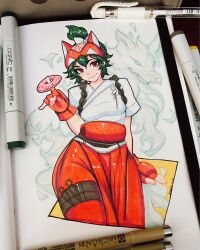 Rule 34 | 1girl, 5-ish (crevettavt), art tools in frame, closed mouth, commentary, doughnut, eyelashes, fingerless gloves, food, gloves, green hair, highres, kiriko (overwatch), kunai, looking at viewer, medium hair, overwatch, overwatch 2, photo (medium), red eyes, red gloves, smile, solo, traditional media, weapon